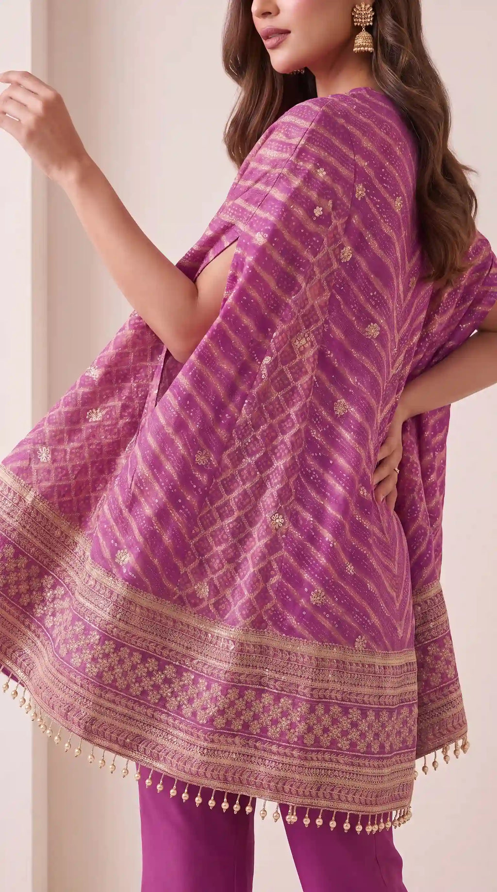 RANGIRA — Purple Bandhani Print Cape Top & Modal Silk Pant Set