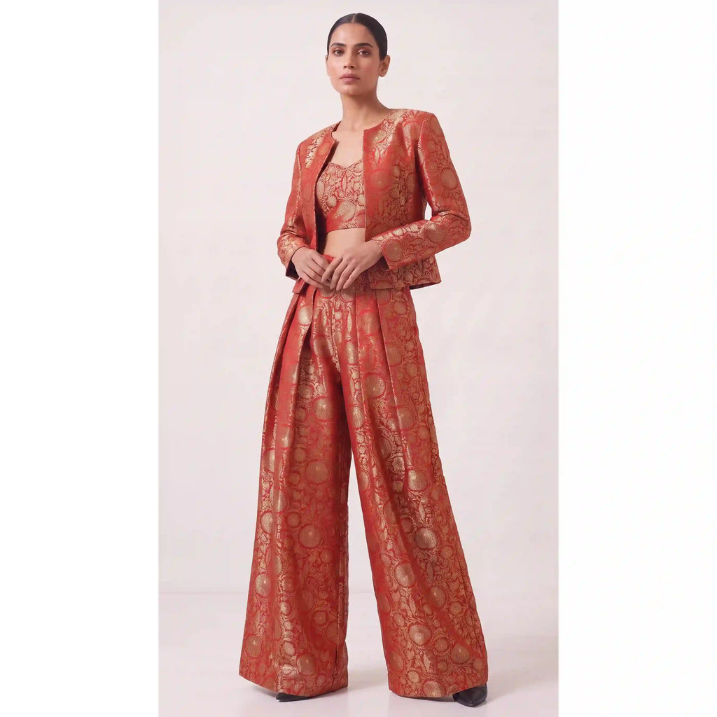 KANIRA — Red Katan Silk Brocade Jacket, Crop Top & Pant Set