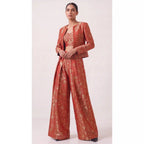 KANIRA — Red Katan Silk Brocade Jacket, Crop Top & Pant Set — thumbnail 1