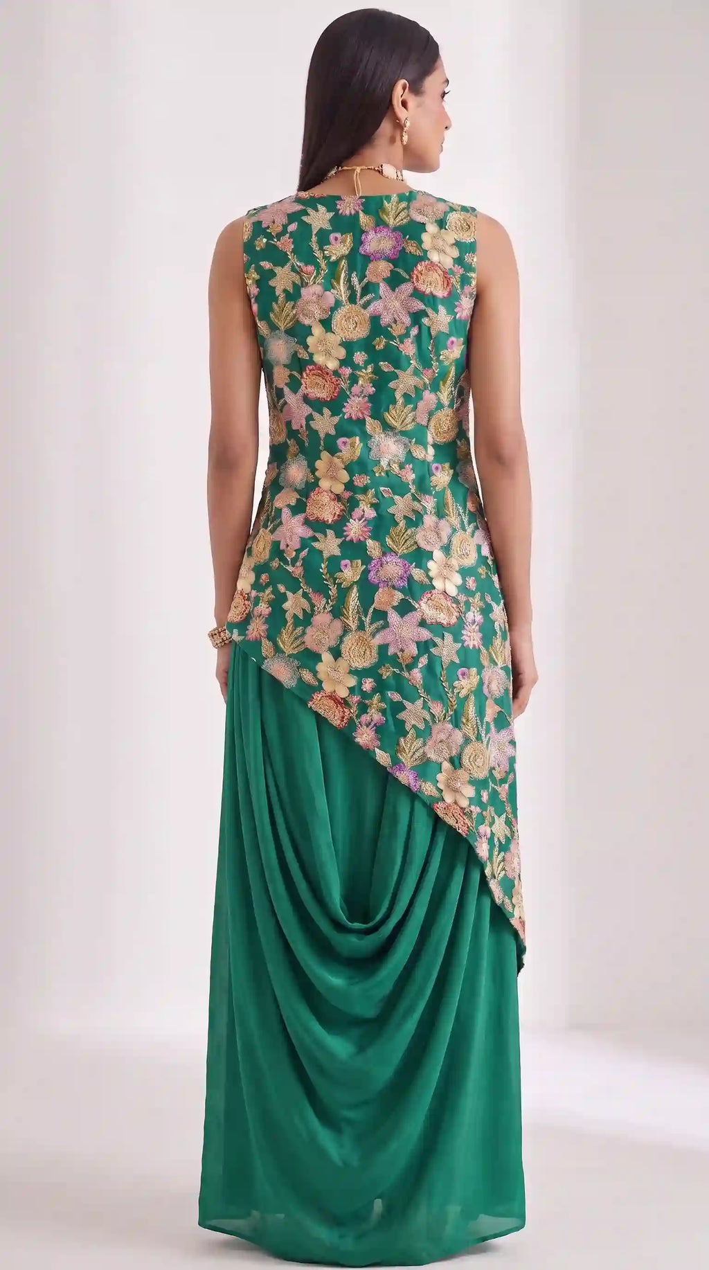 VEERA - Crepe Embroidered Asymmetrical Top & Draped Skirt Set (Green)