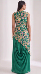 VEERA - Crepe Embroidered Asymmetrical Top & Draped Skirt Set (Green) — thumbnail 3