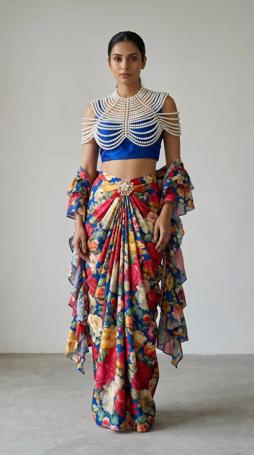GULMEHR — Blue Floral Draped Skirt & Pearl Cape Set