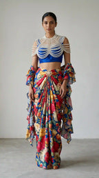 GULMEHR — Blue Floral Draped Skirt & Pearl Cape Set — thumbnail 2