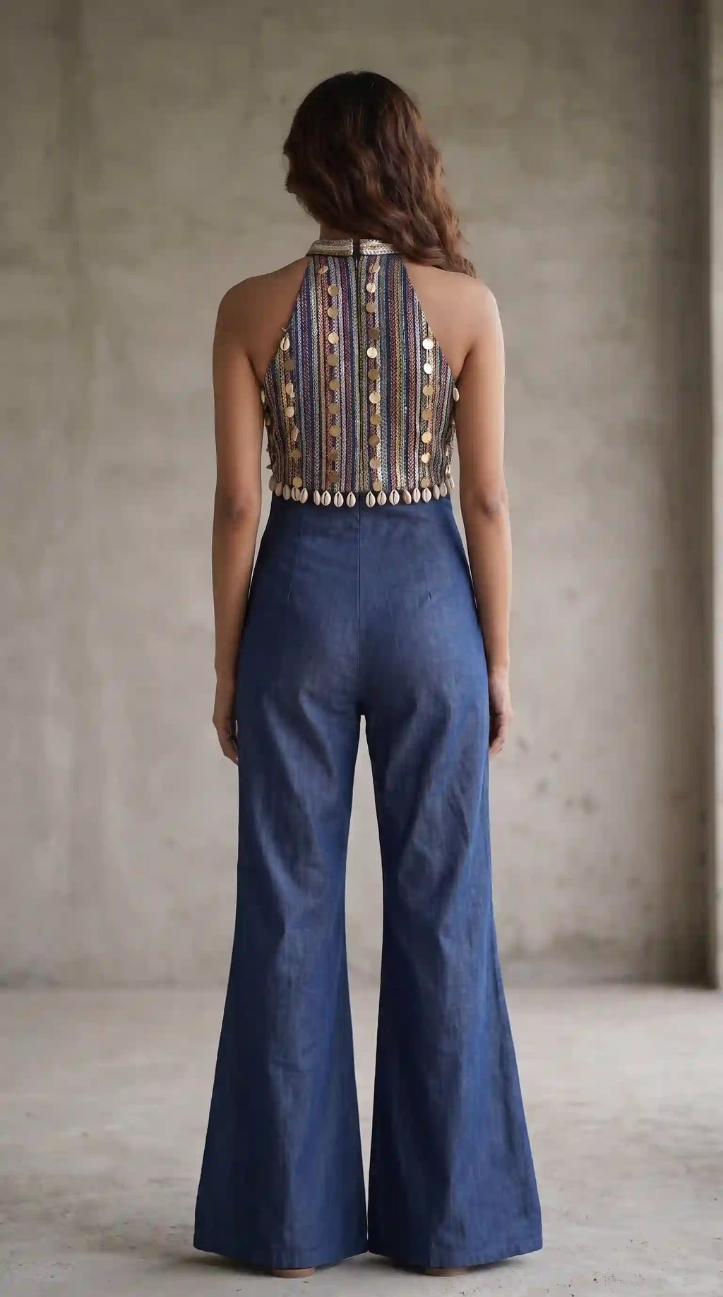 Blue Denim Threadwork Halter Neck Jumpsuit