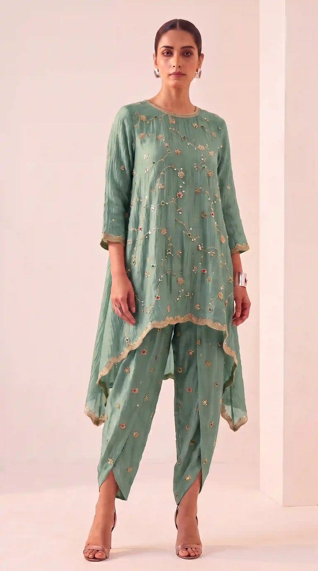 IRAAYA — Sage Green Crushed Tissue Silk Kurta & Tulip Dhoti Set