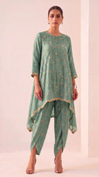 IRAAYA — Sage Green Crushed Tissue Silk Kurta & Tulip Dhoti Set — thumbnail 3