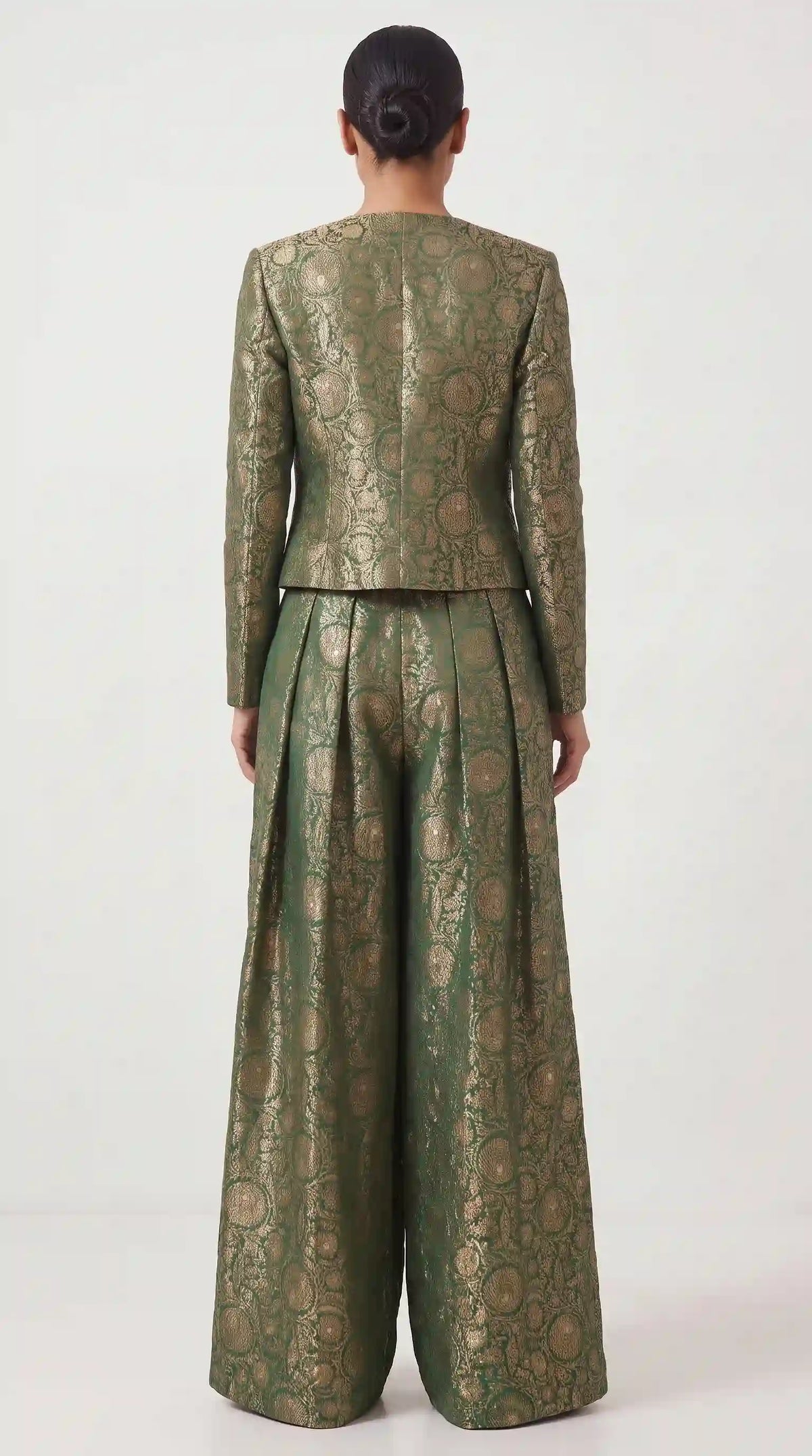 KANIRA — Green Katan Silk Brocade Jacket, Crop Top & Pant Set