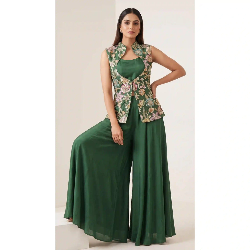 HARIT - Crepe Embroidered Jacket & Modal Silk Blouse-Palazzo Set