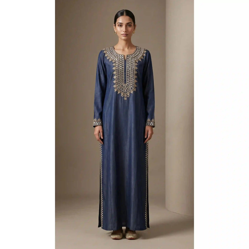 Denim Mirror Work Kaftan Dress featuring mirror work