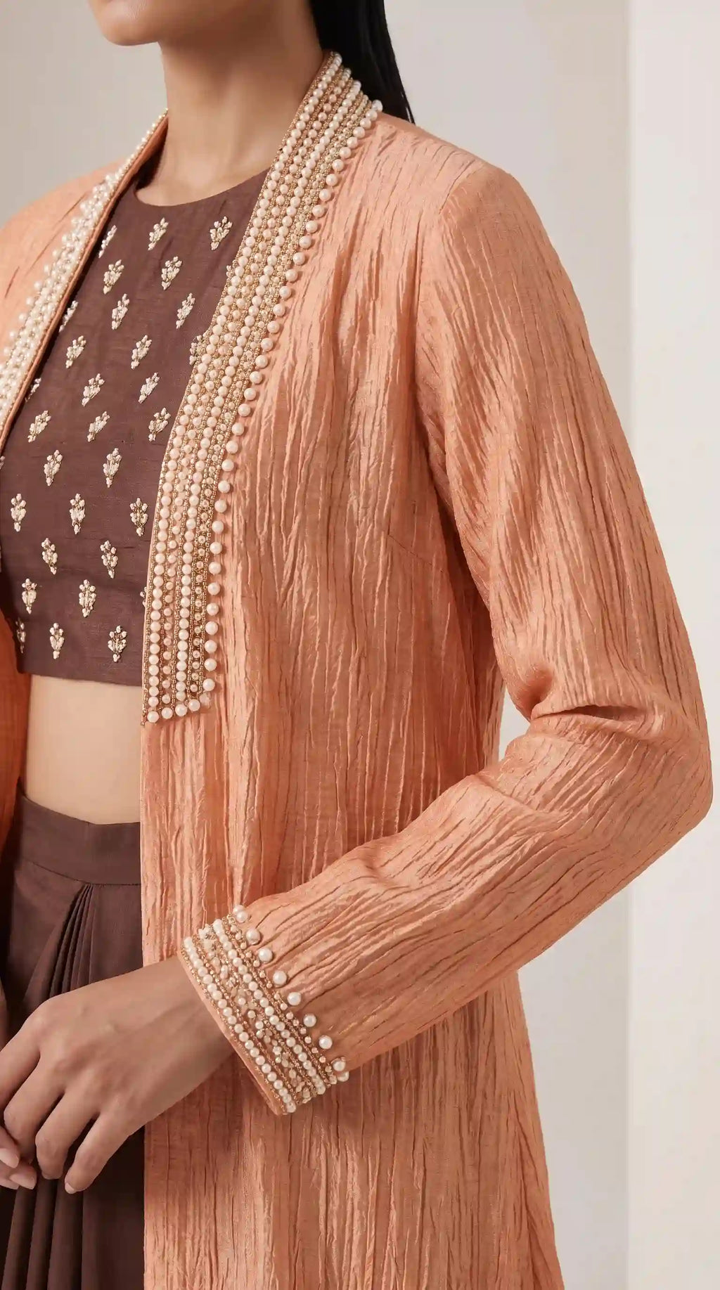 Mukta crushed tissue silk jacket pearl detailing — close-up