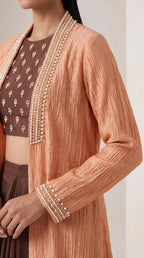Mukta crushed tissue silk jacket pearl detailing — close-up — thumbnail 2