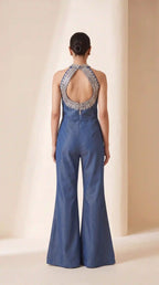 Blue Denim Jumpsuit with Mirror Work (Dull Gold) featuring mirror work