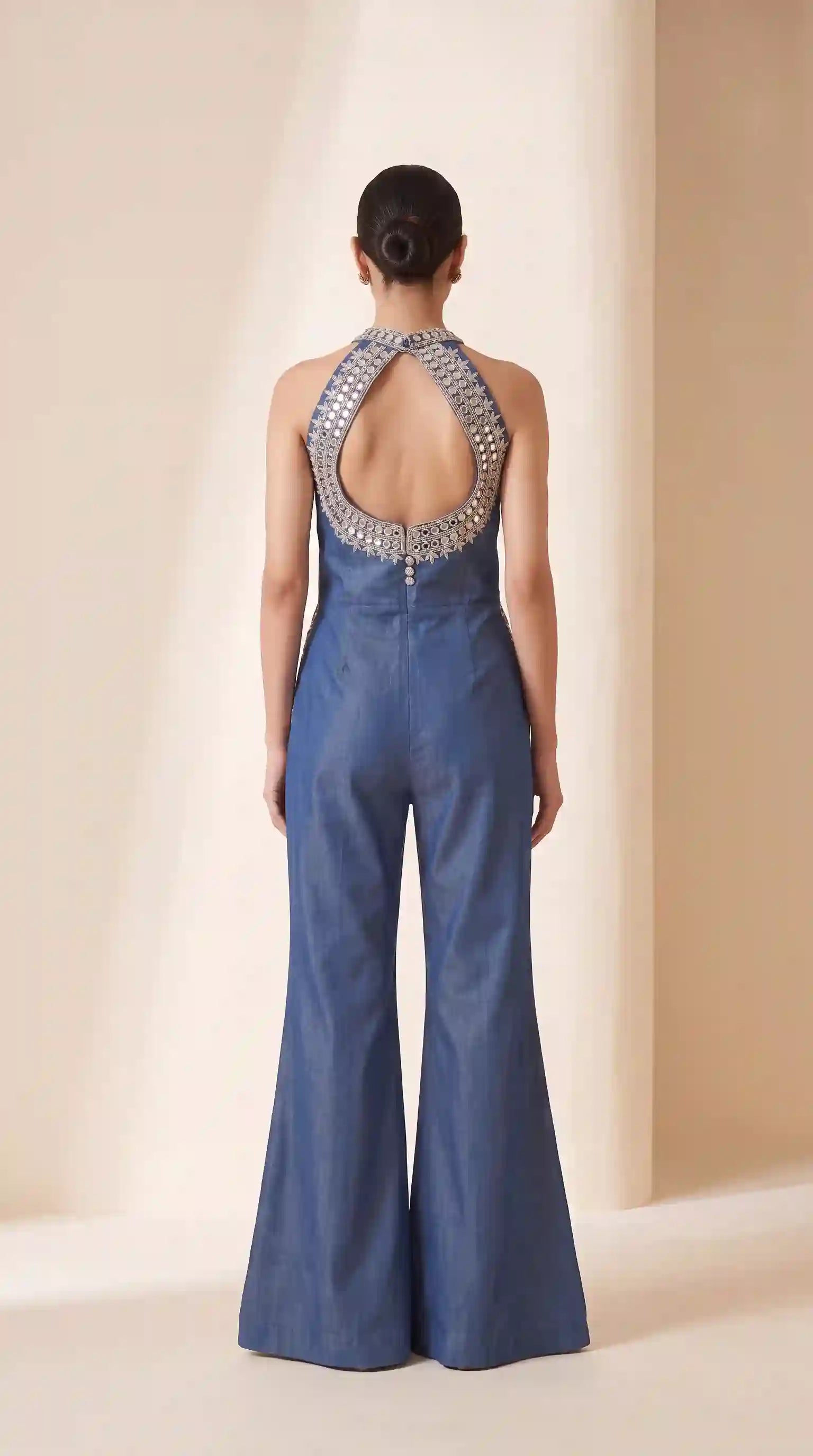 Blue Denim Jumpsuit with Mirror Work (Dull Gold)