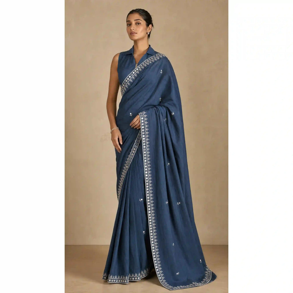 Denim Mirror Work Saree with Blouse