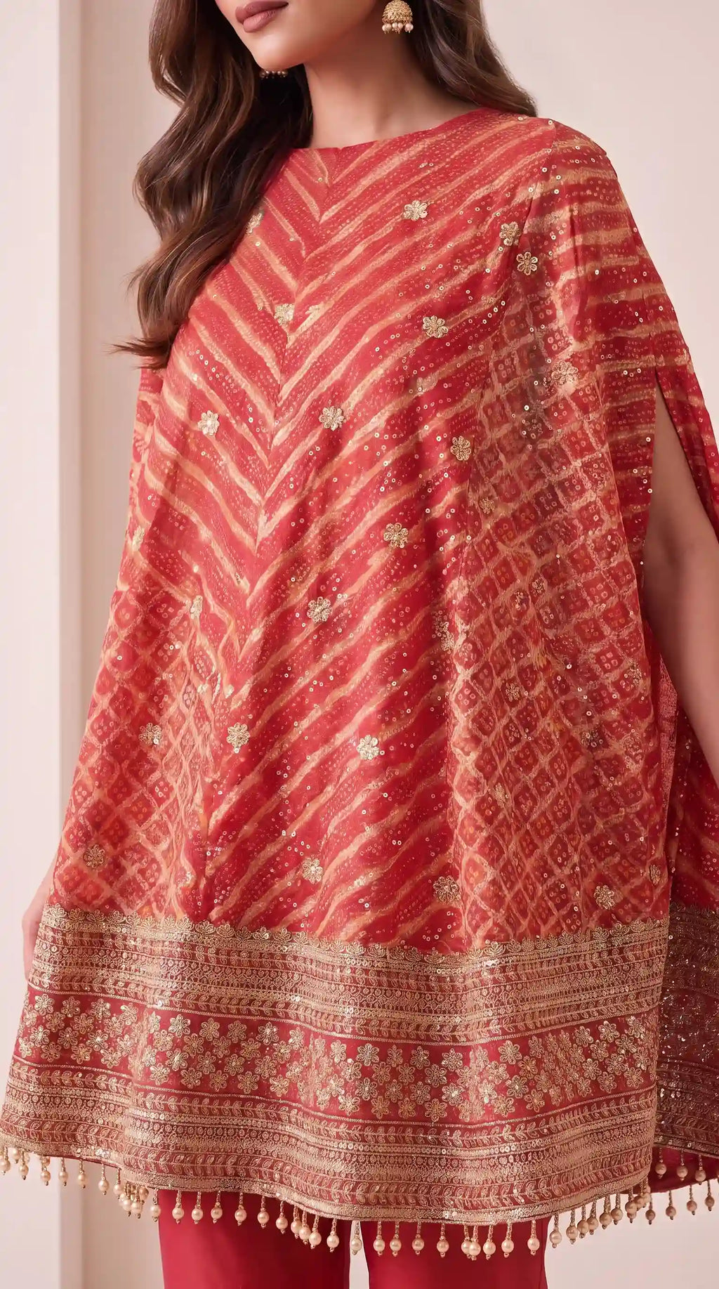 RANGIRA — Red Bandhani Print Cape Top & Modal Silk Pant Set