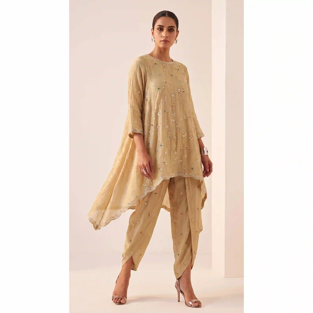 IRAAYA — Champagne Gold Crushed Tissue Silk Kurta & Tulip Dhoti Set