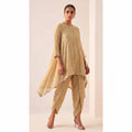IRAAYA — Champagne Gold Crushed Tissue Silk Kurta & Tulip Dhoti Set