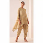 IRAAYA — Champagne Gold Crushed Tissue Silk Kurta & Tulip Dhoti Set — thumbnail 1