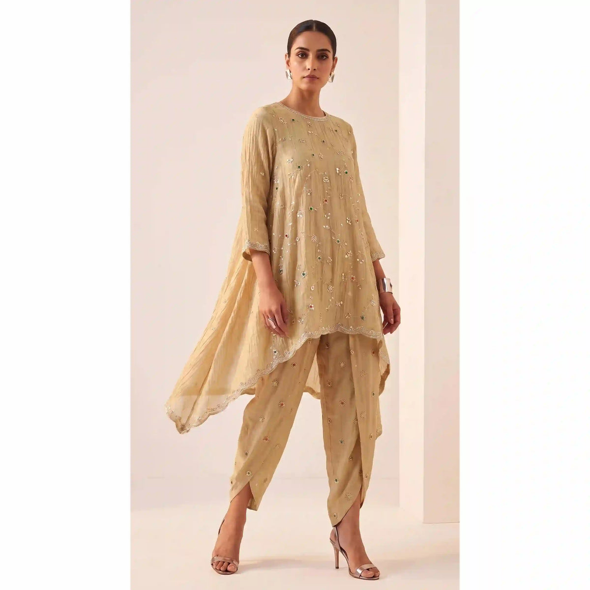 IRAAYA — Champagne Gold Crushed Tissue Silk Kurta & Tulip Dhoti Set
