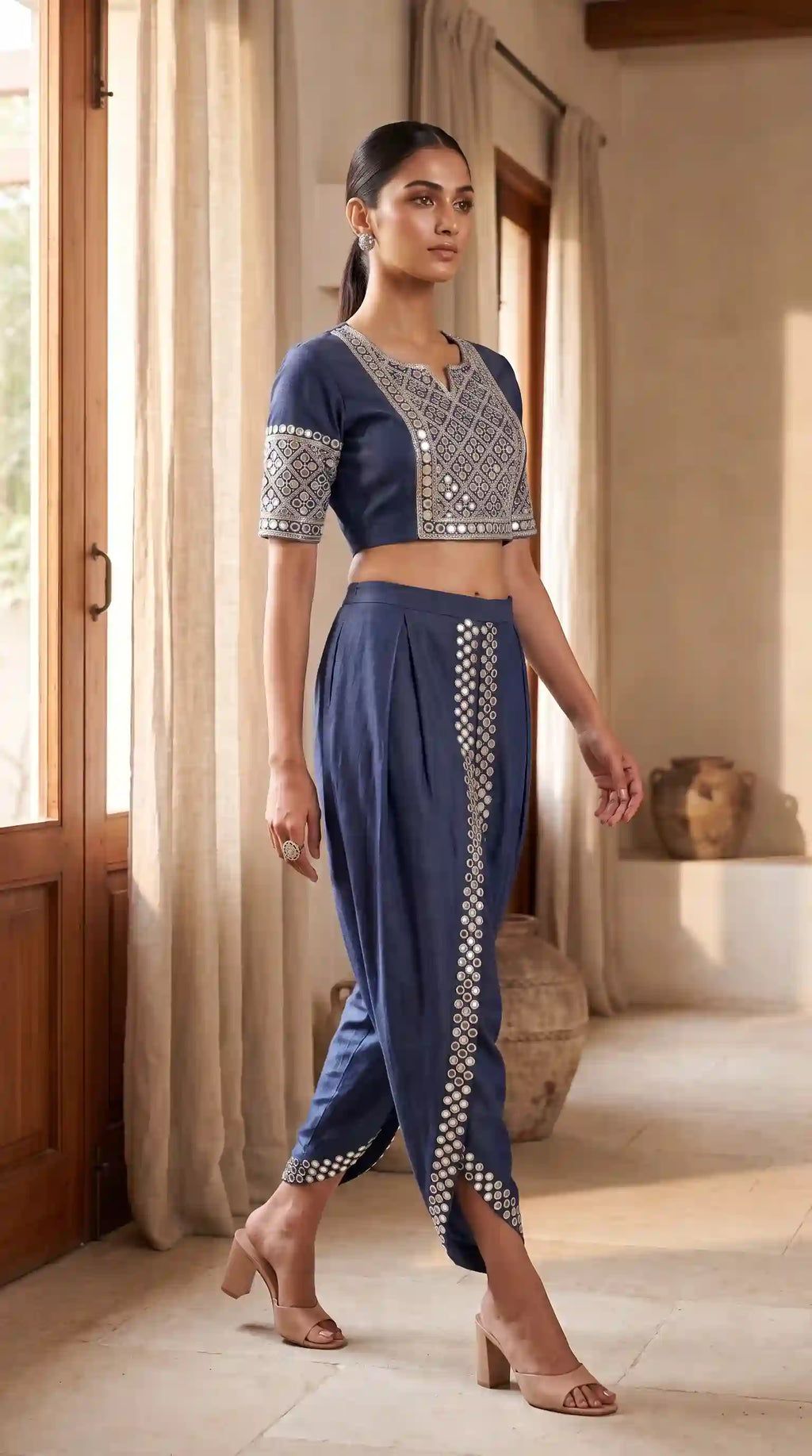 Blue Denim Crop top Dhoti Set