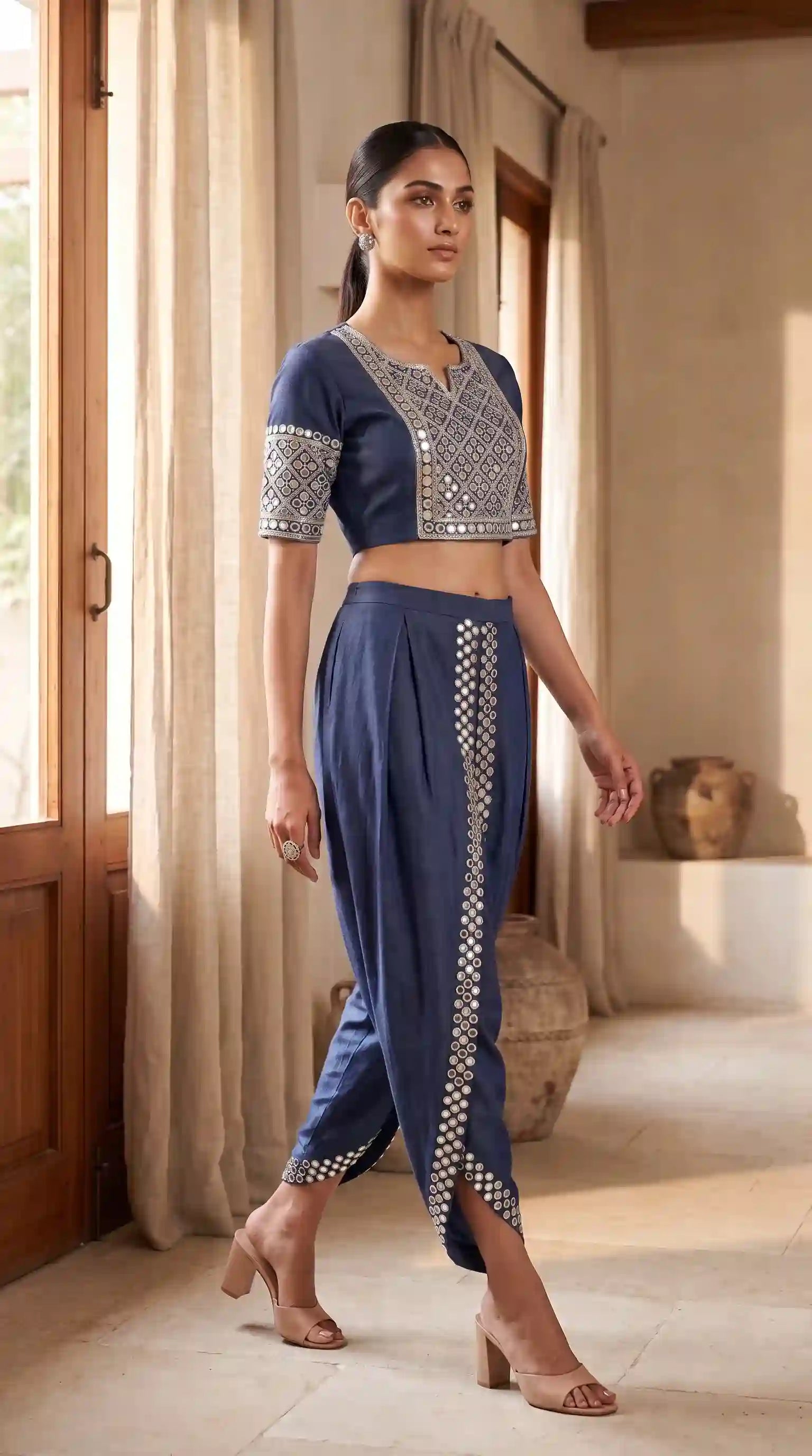 Blue Denim Crop top Dhoti Set