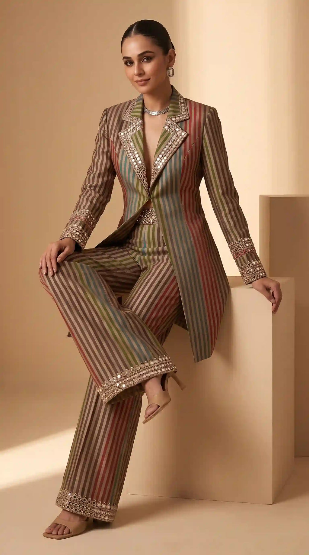 PACHRANG — Handloom Tissue Silk Mirror Work Jacket & Pant Set featuring mirror work