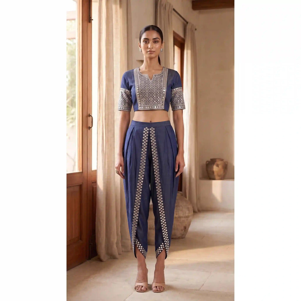 Blue Denim Crop top Dhoti Set