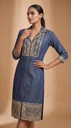 Blue Denim Mirror Work Dress featuring mirror work