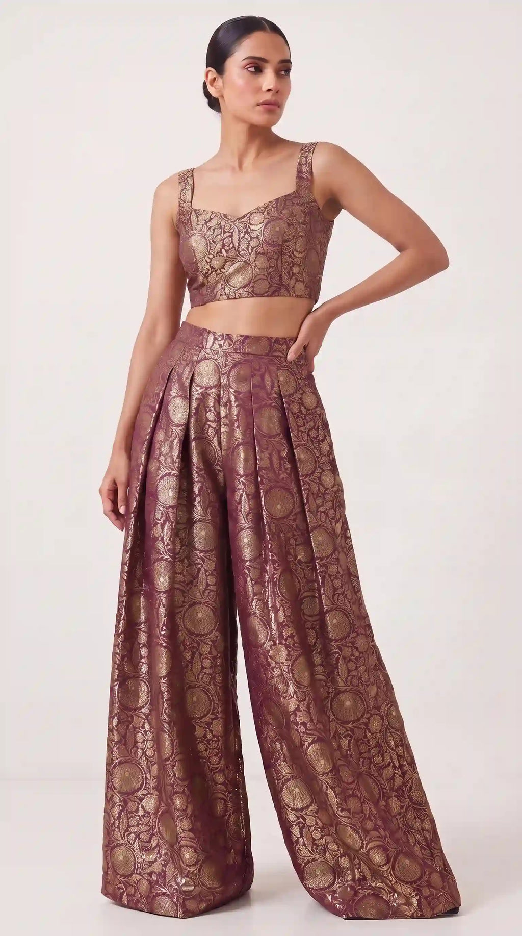 KANIRA — Plum Katan Silk Brocade Jacket, Crop Top & Pant Set