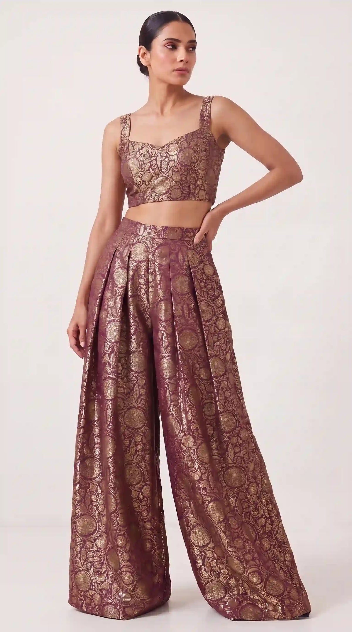 KANIRA — Plum Katan Silk Brocade Jacket, Crop Top & Pant Set