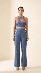 Blue Denim Multicolour Mirror Work Top-Pant Set