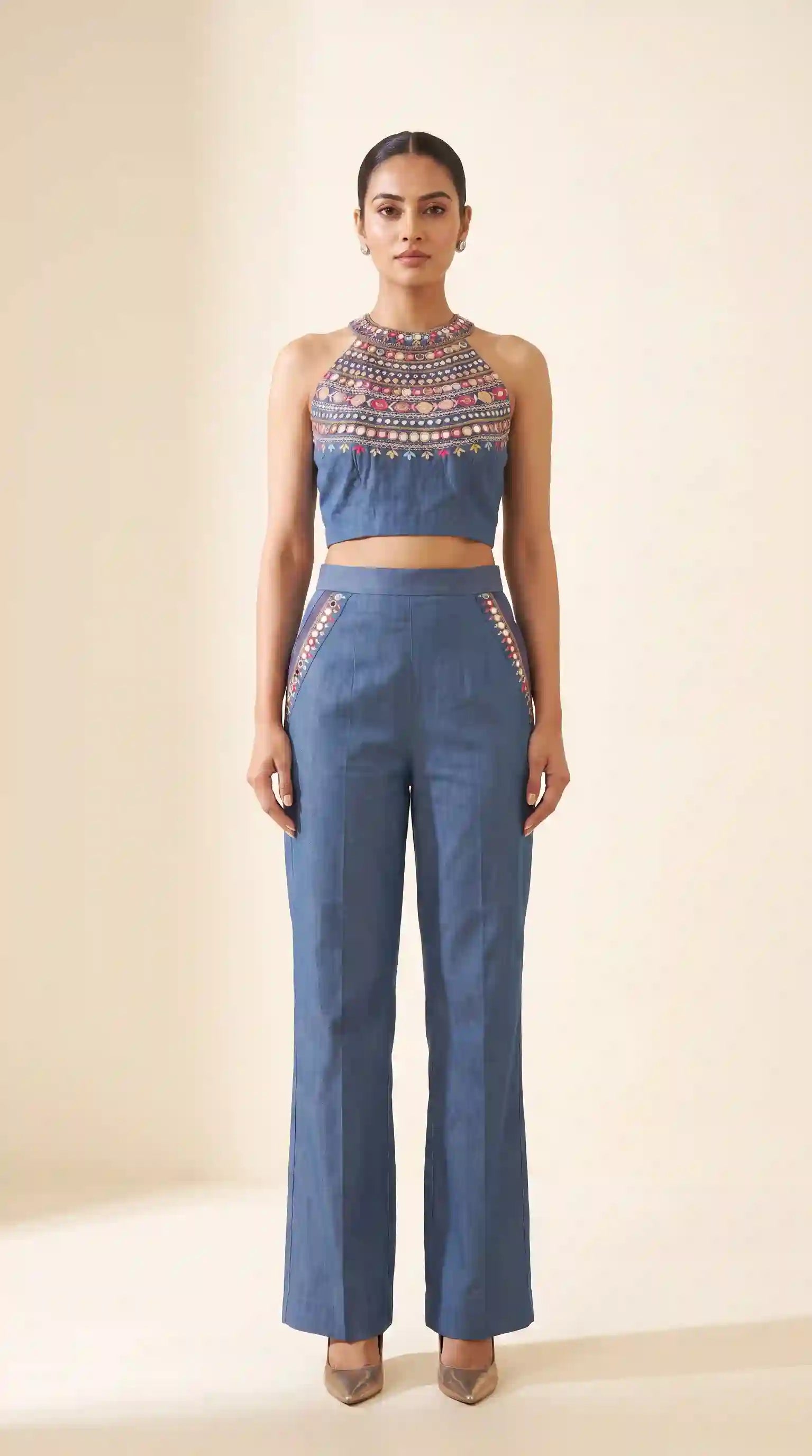 Blue Denim Multicolour Mirror Work Top-Pant Set