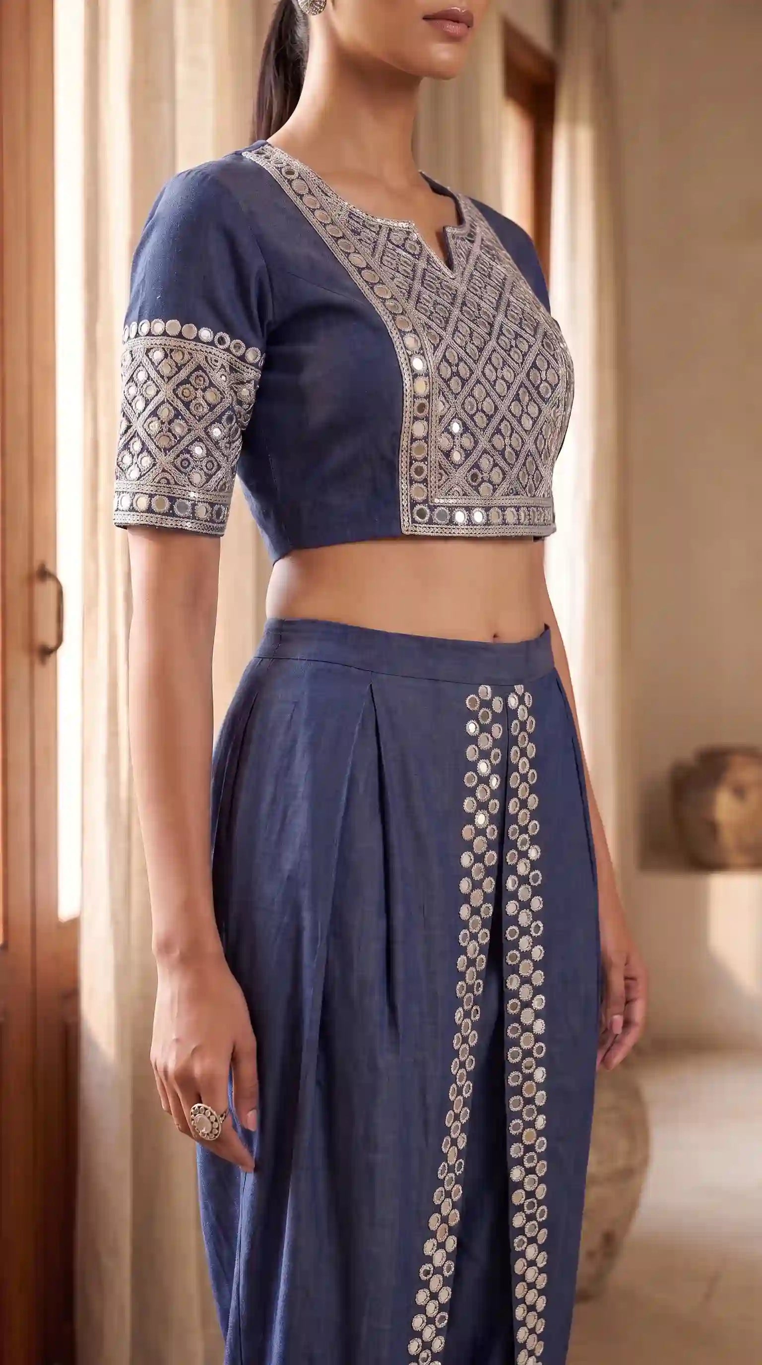 Blue Denim Crop top Dhoti Set
