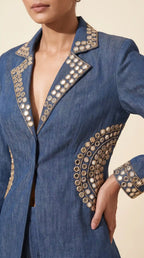 Blue Denim Mirror Work Top & Dhoti Set