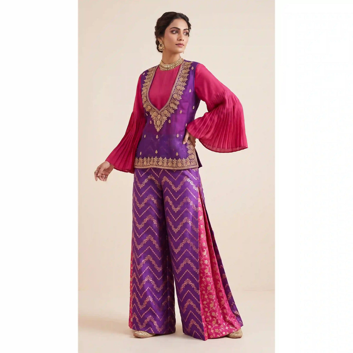 MEHER — Purple Zardosi Organza Overlay & Brocade Palazzo Set