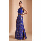 ISHIRA — Royal Blue Raw Silk Brocade Column Skirt Set — thumbnail 1