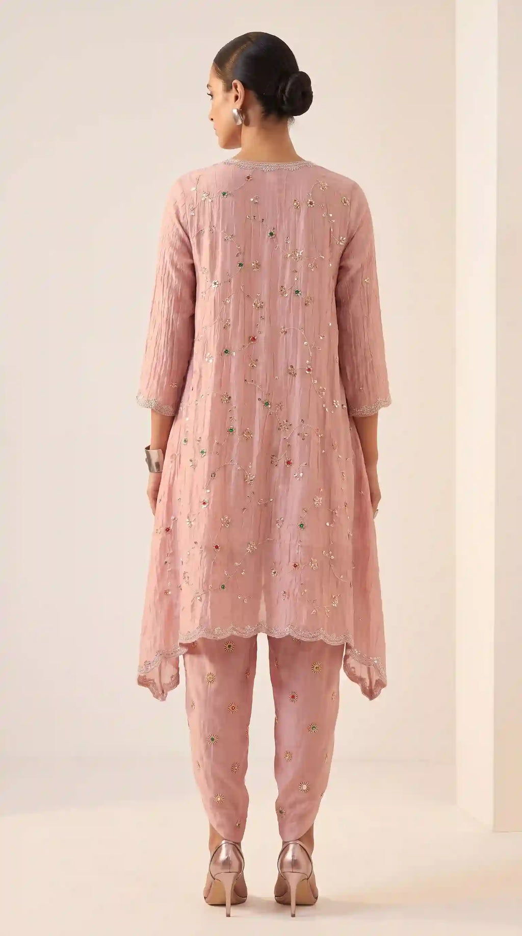 IRAAYA — Blush Pink Crushed Tissue Silk Kurta & Tulip Dhoti Set