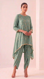 IRAAYA — Sage Green Crushed Tissue Silk Kurta & Tulip Dhoti Set — thumbnail 4