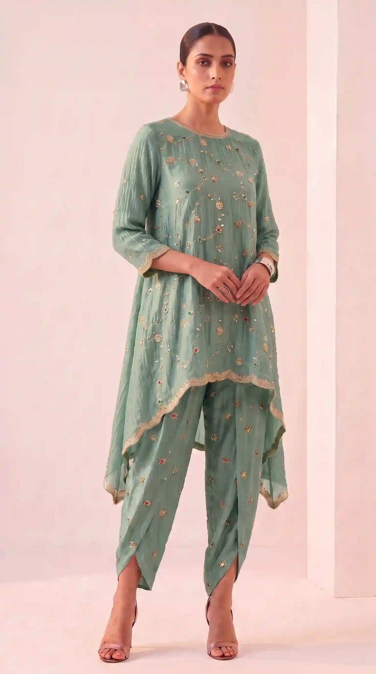 IRAAYA — Sage Green Crushed Tissue Silk Kurta & Tulip Dhoti Set