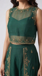 AARANYA — Emerald Green Organza Silk Embroidered Pant Set — thumbnail 4