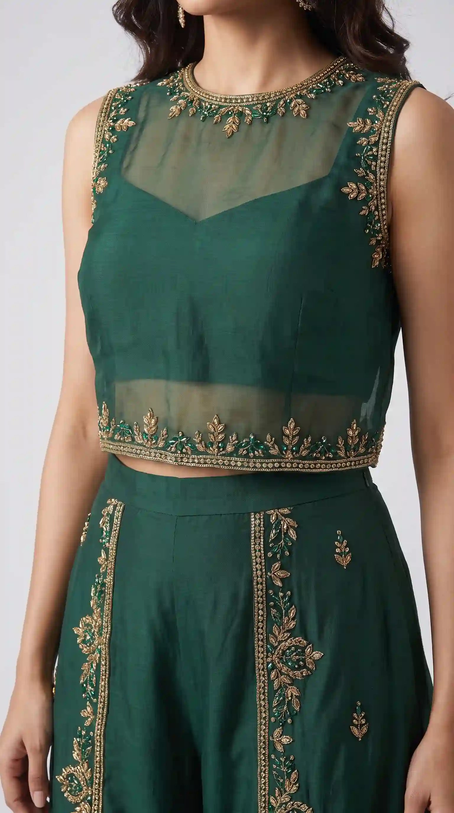 AARANYA — Emerald Green Organza Silk Embroidered Pant Set