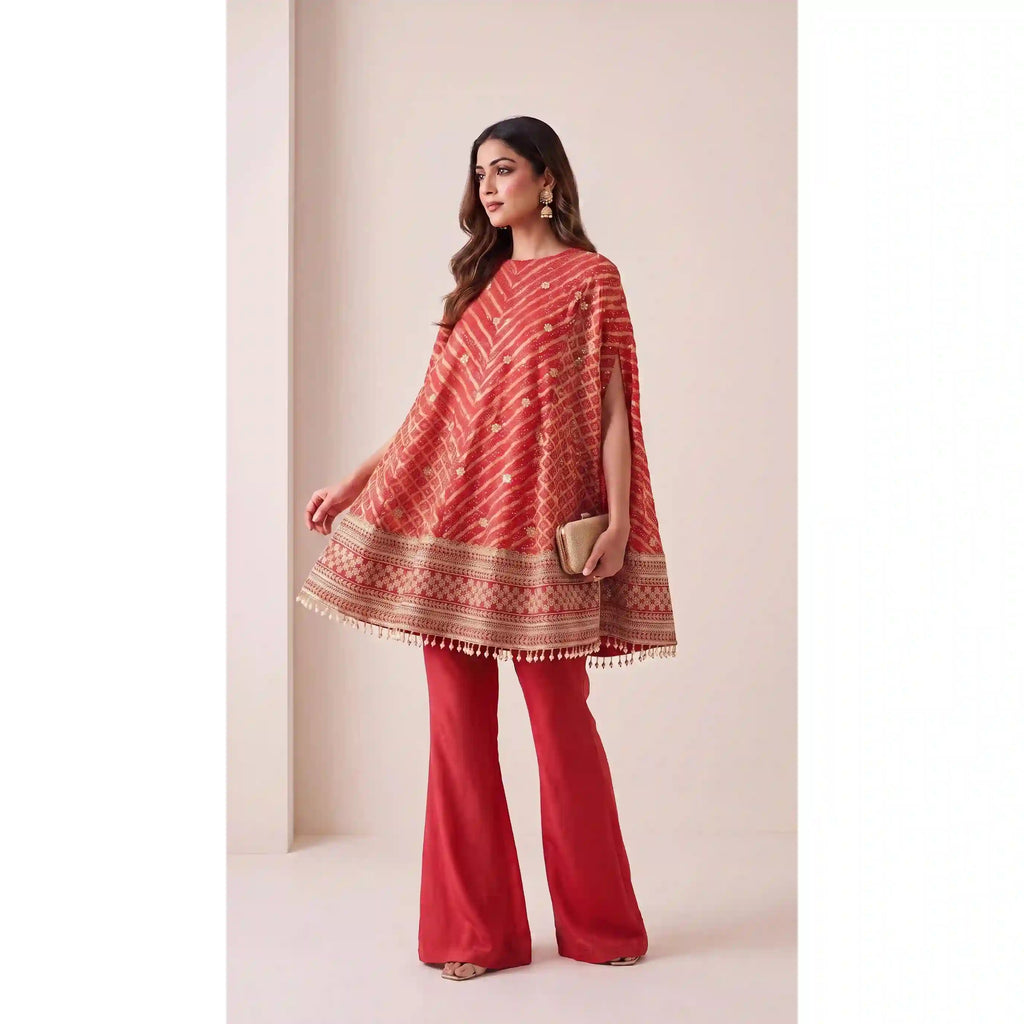 RANGIRA — Red Bandhani Print Cape Top & Modal Silk Pant Set