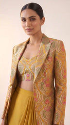 ZAIRA — Mustard Yellow Banarasi Brocade Blazer & Draped Skirt Set — thumbnail 2