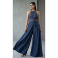 Blue Denim Mirror Work Halter Neck Jumpsuit