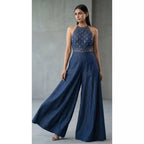 Blue Denim Mirror Work Halter Neck Jumpsuit