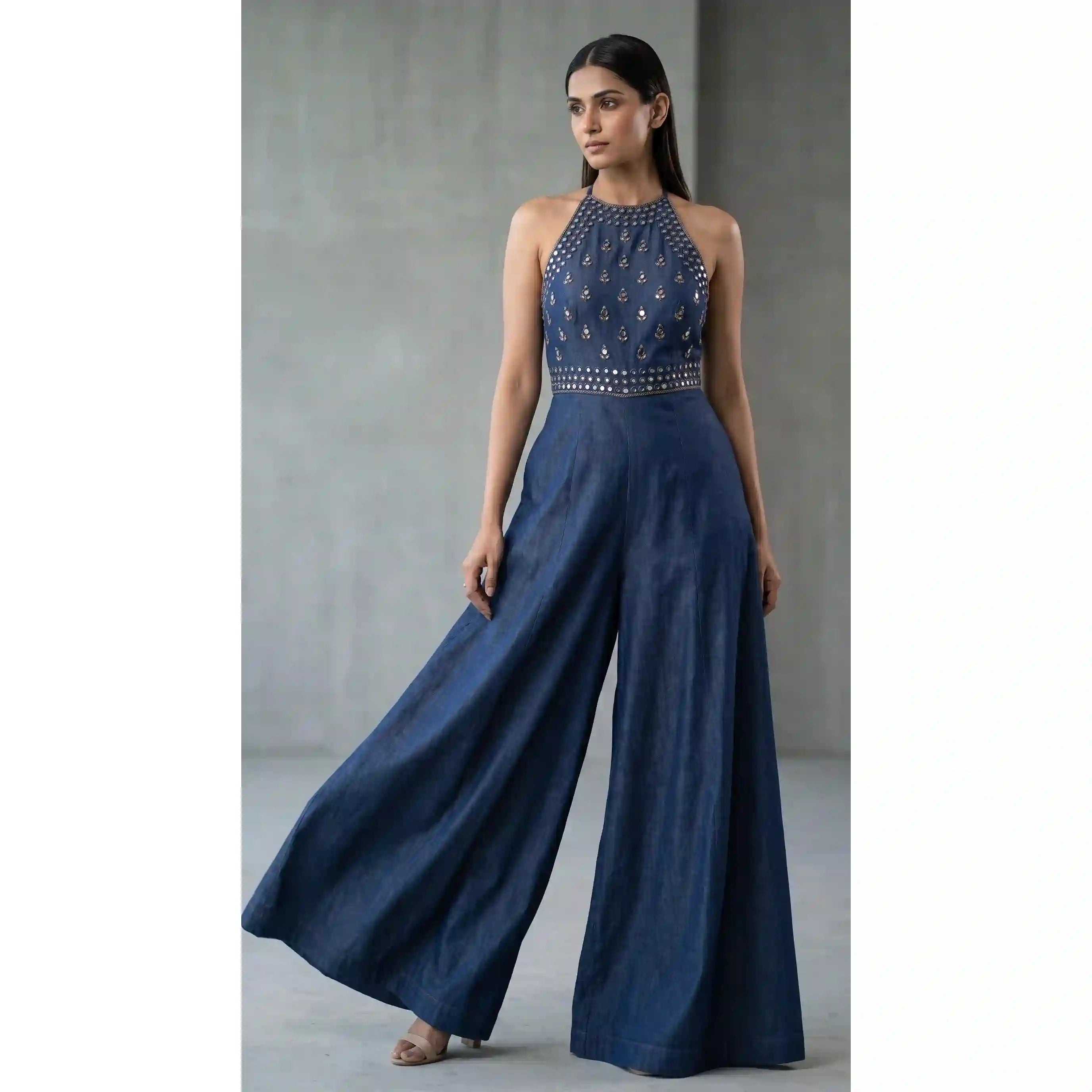 Blue Denim Mirror Work Halter Neck Jumpsuit