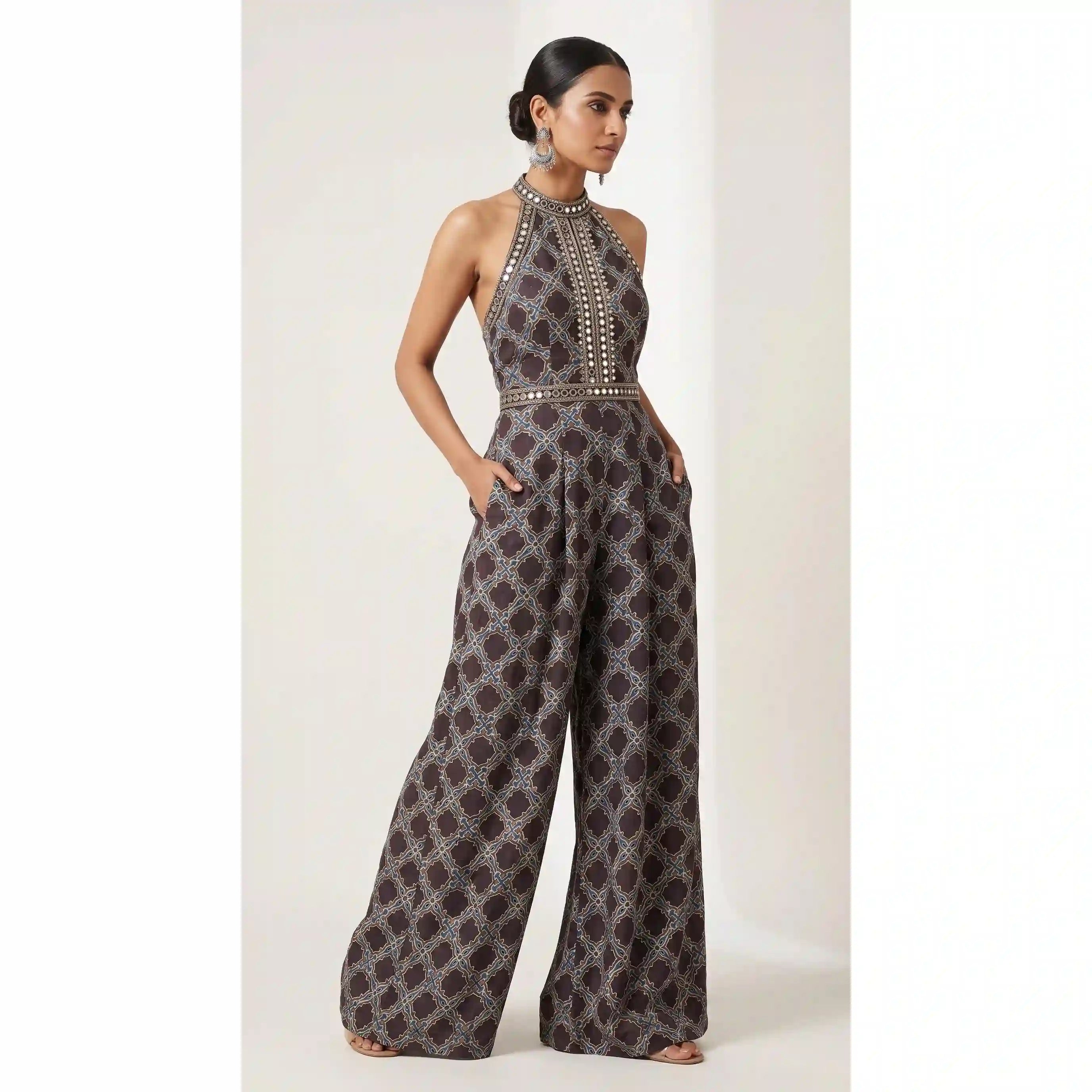 Black Ajrakh Modal Silk Jumpsuit with Mirror Work