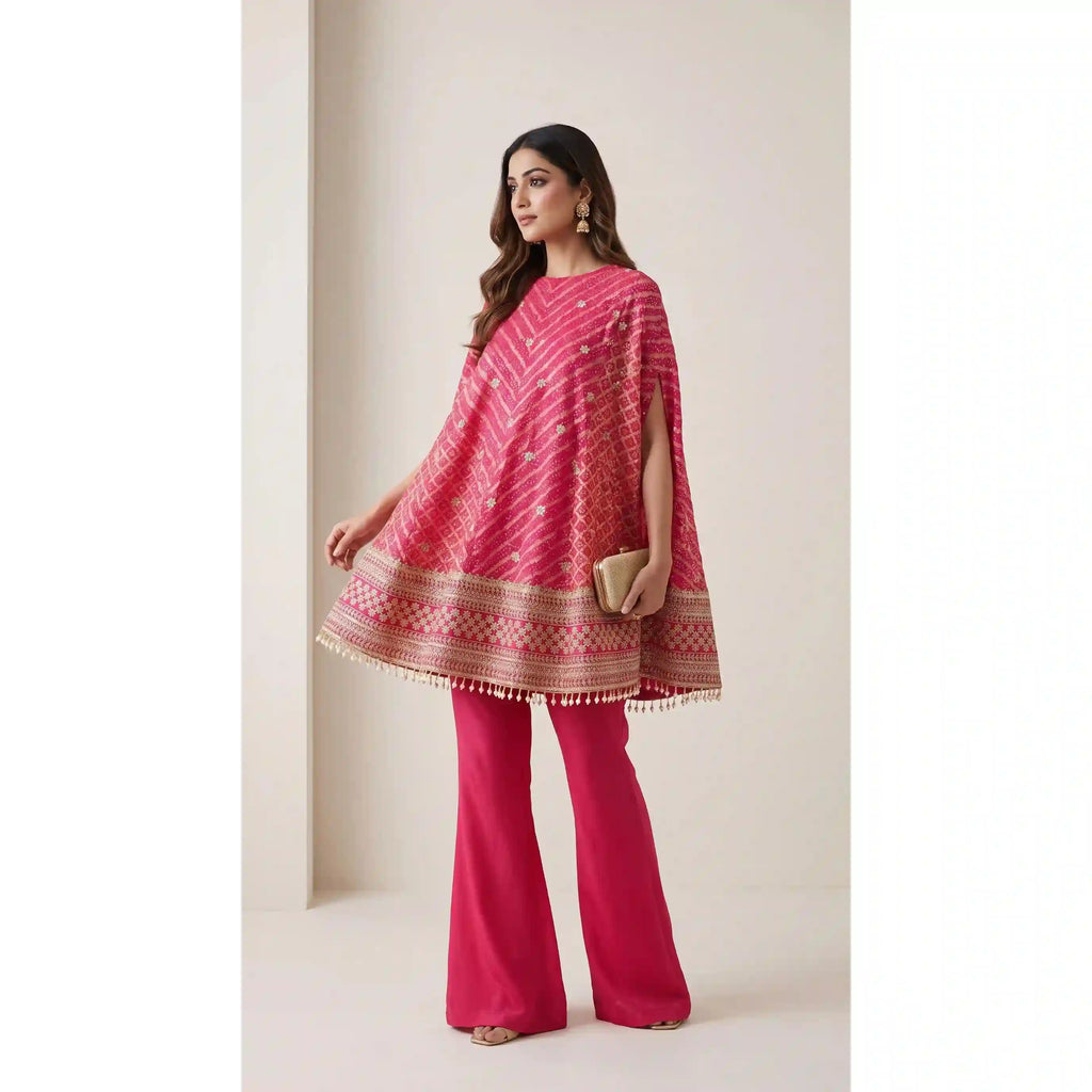 RANGIRA — Pink Bandhani Print Cape Top & Modal Silk Pant Set