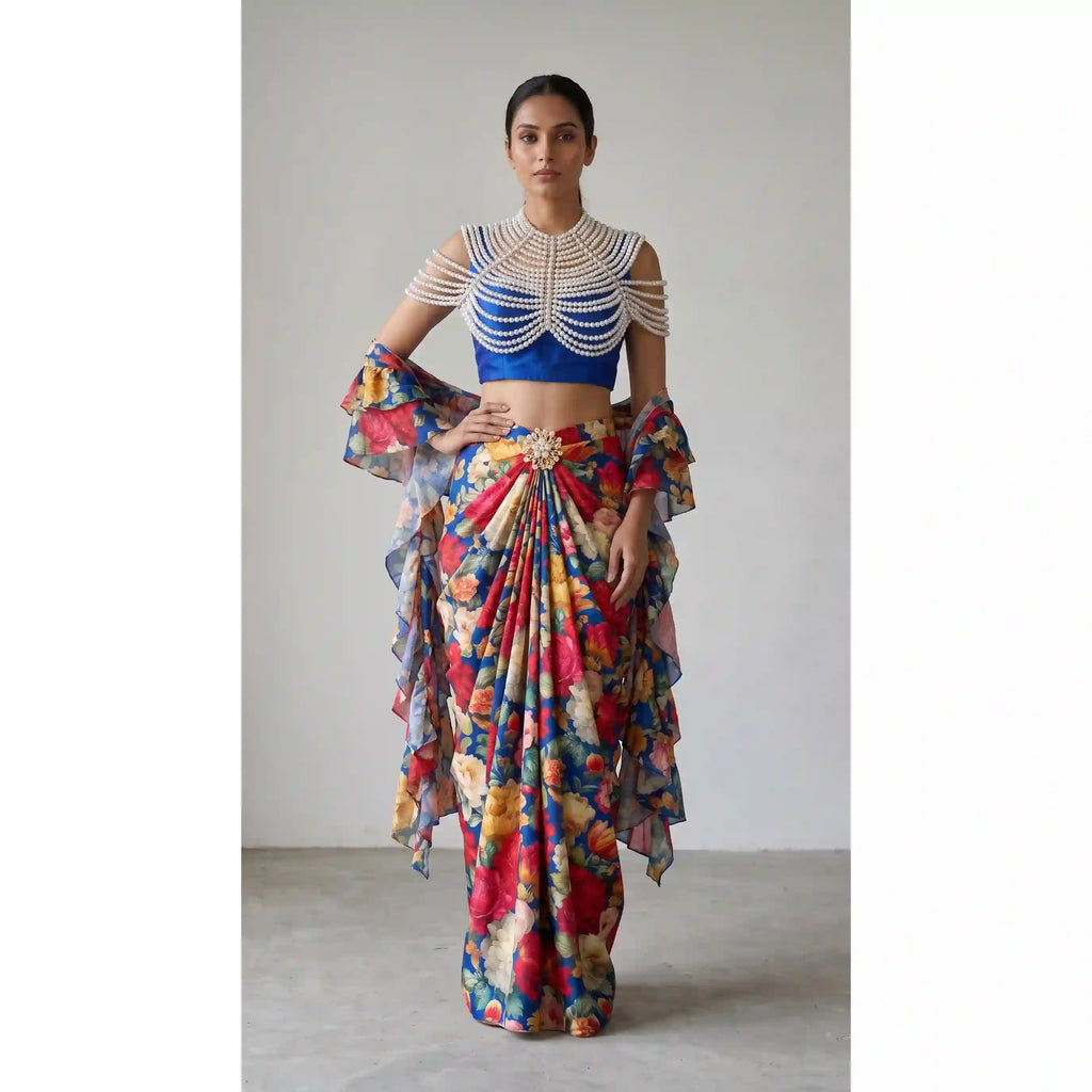 GULMEHR — Blue Floral Draped Skirt & Pearl Cape Set