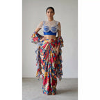 GULMEHR — Blue Floral Draped Skirt & Pearl Cape Set — thumbnail 1